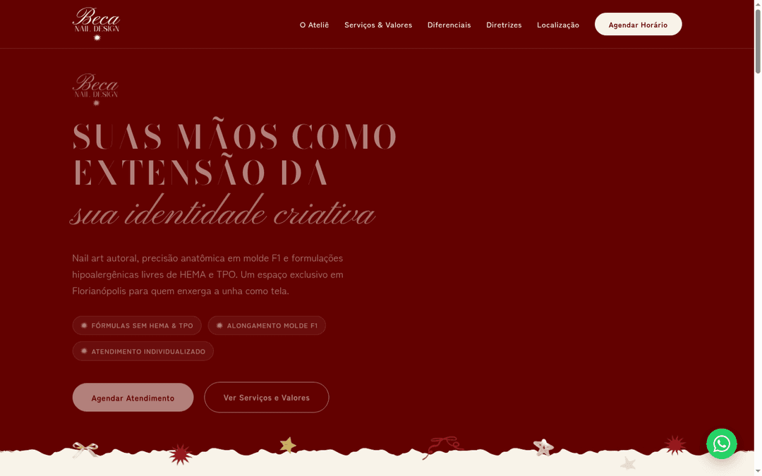 Captura de tela do site desenvolvido para Beca Nail Design